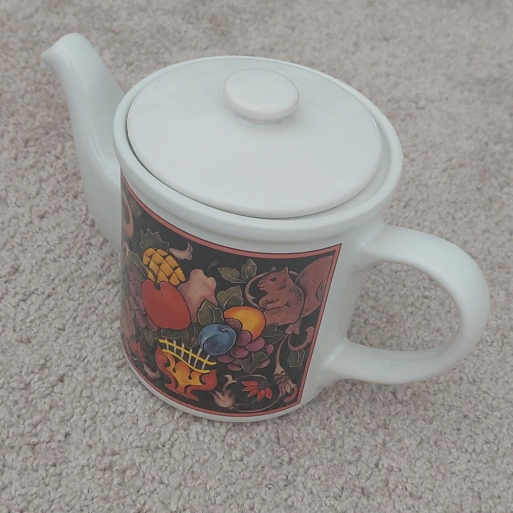 CBK LTD. White Ceramic Teapot with Colorful Nature Design NIB